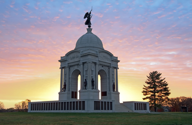 Sunrise at the Pennsylvania Monument in Gettysburg National Military Park.